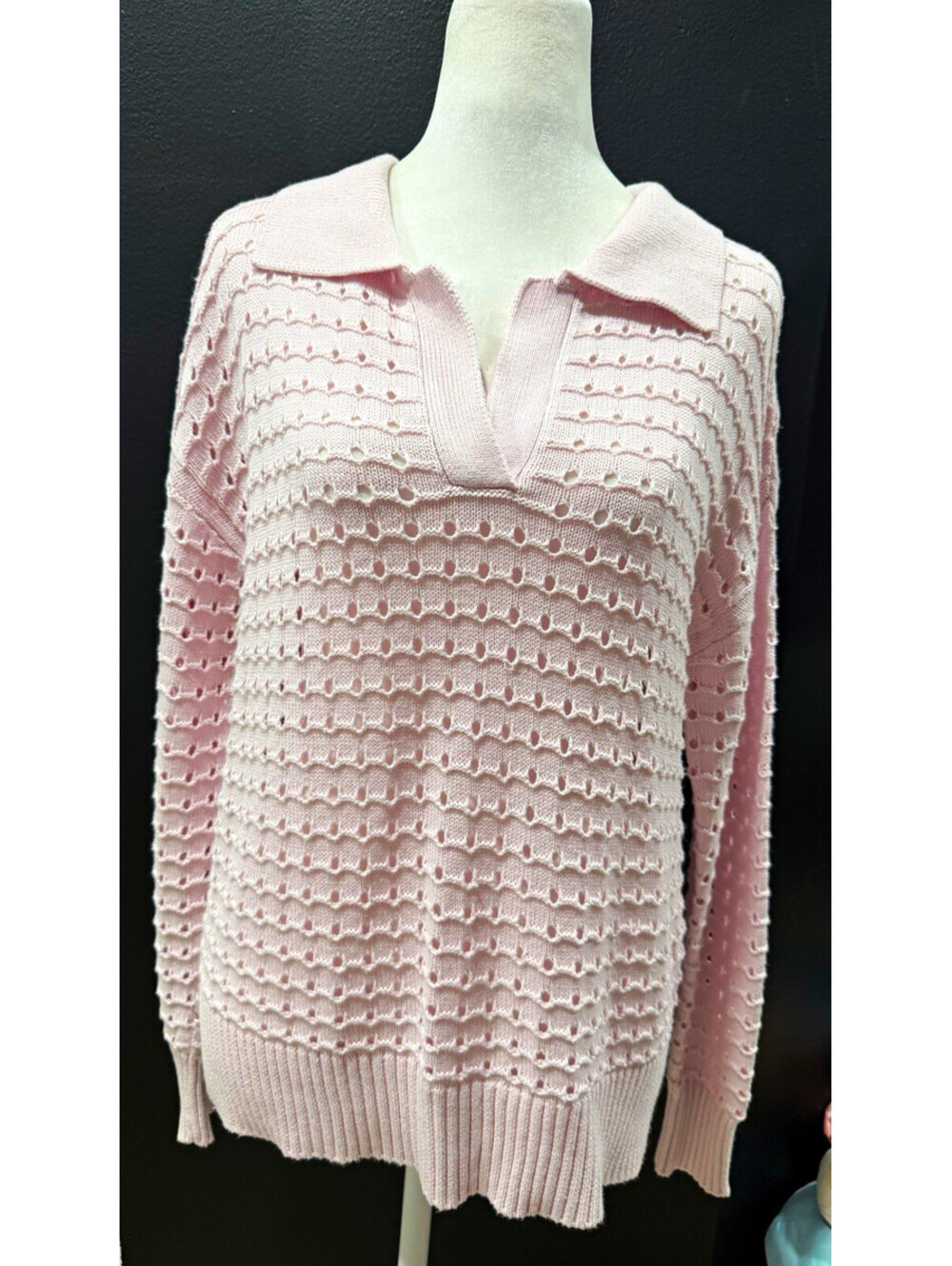Joie Pink Open-Knit Collared Long Sleeve Pullover Sweater Womens Size S